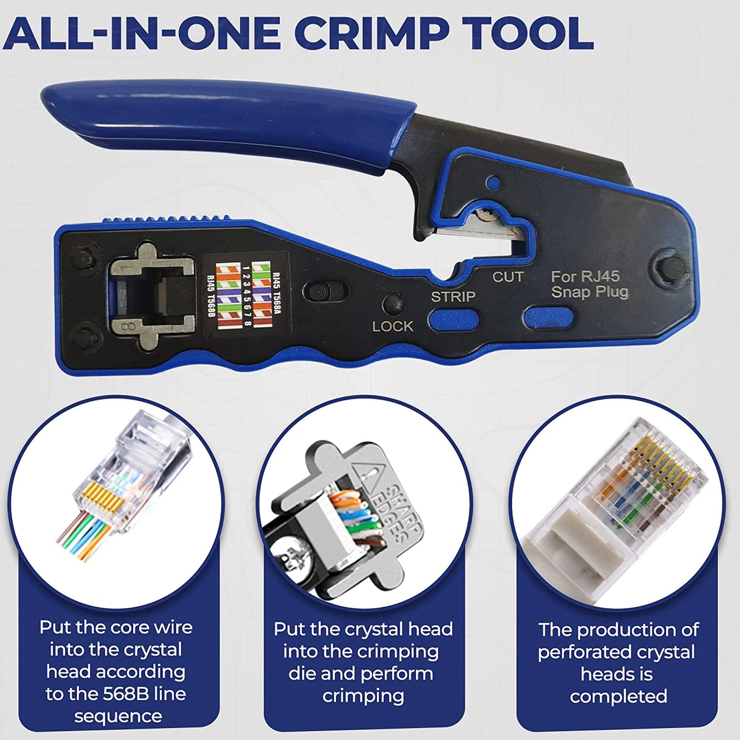 ZoeRax RJ45 Crimp Tool Pass Through Crimper Cutter for Cat6a Cat6 Cat5 8P8C Modular Connector Ethernet All-in-one Wire Tool