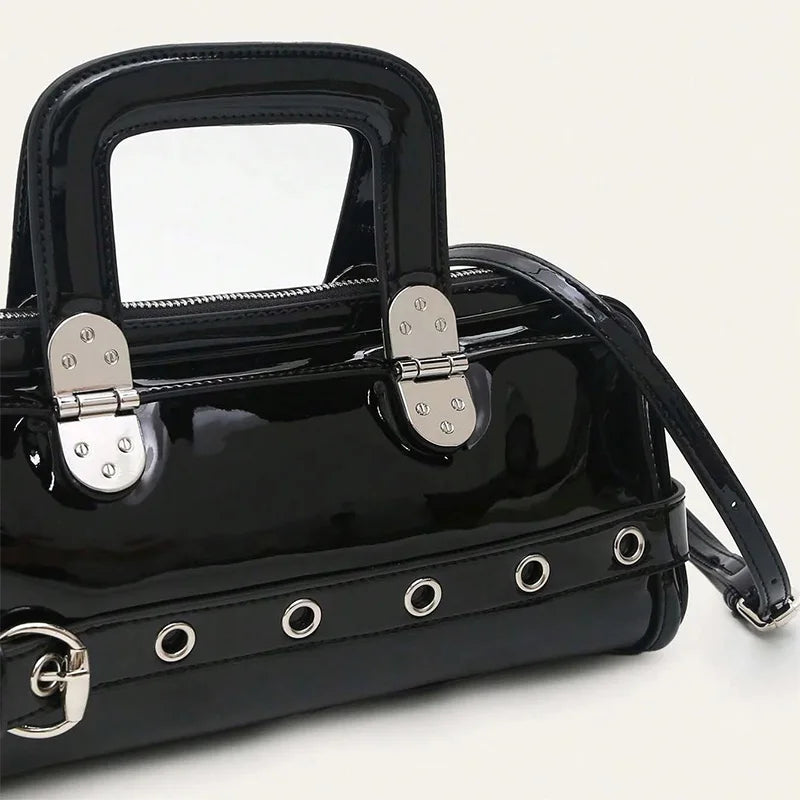 Black Patent Leather Handbag, Fashion Belt Buckle Crossbody Bag Silver Hardware Accessories Square Motorcycle Bag For Cool Girl