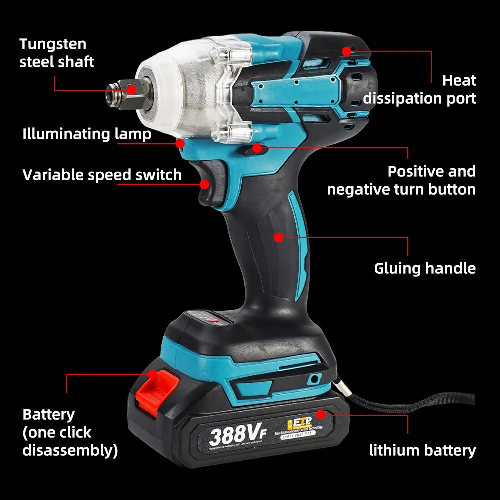 520N.m Cordless Electric Impact Wrench Brushless Electric Wrench Hand Drill Socket Power Tool For Makita 388V Battery