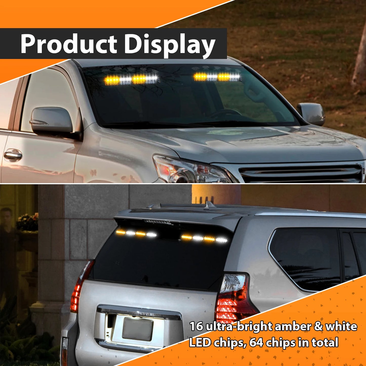 4pcs Universal Interior Windscreen Amber White Emergency Hazard Warning Strobe Light Kit for Trucks  SUV To Cars Utility Vehicle