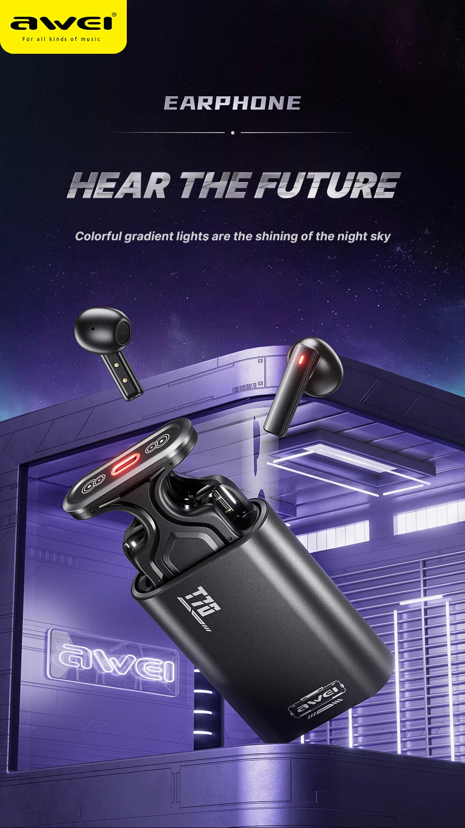 Awei T70 800mAh Wireless Bluetooth Earphones V5.3 Headset Gamer Touch Electric Lifting Sports Headphones Noise Canceling Earbuds