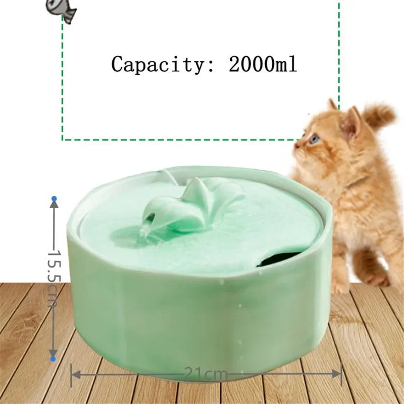 Auto Pet Water Fountain Drinker for Cats and Dog,Ceramic Cat Drinking Bowl,Pet Water Dispenser,2L Cat Fountain Indoor Decor MUTE