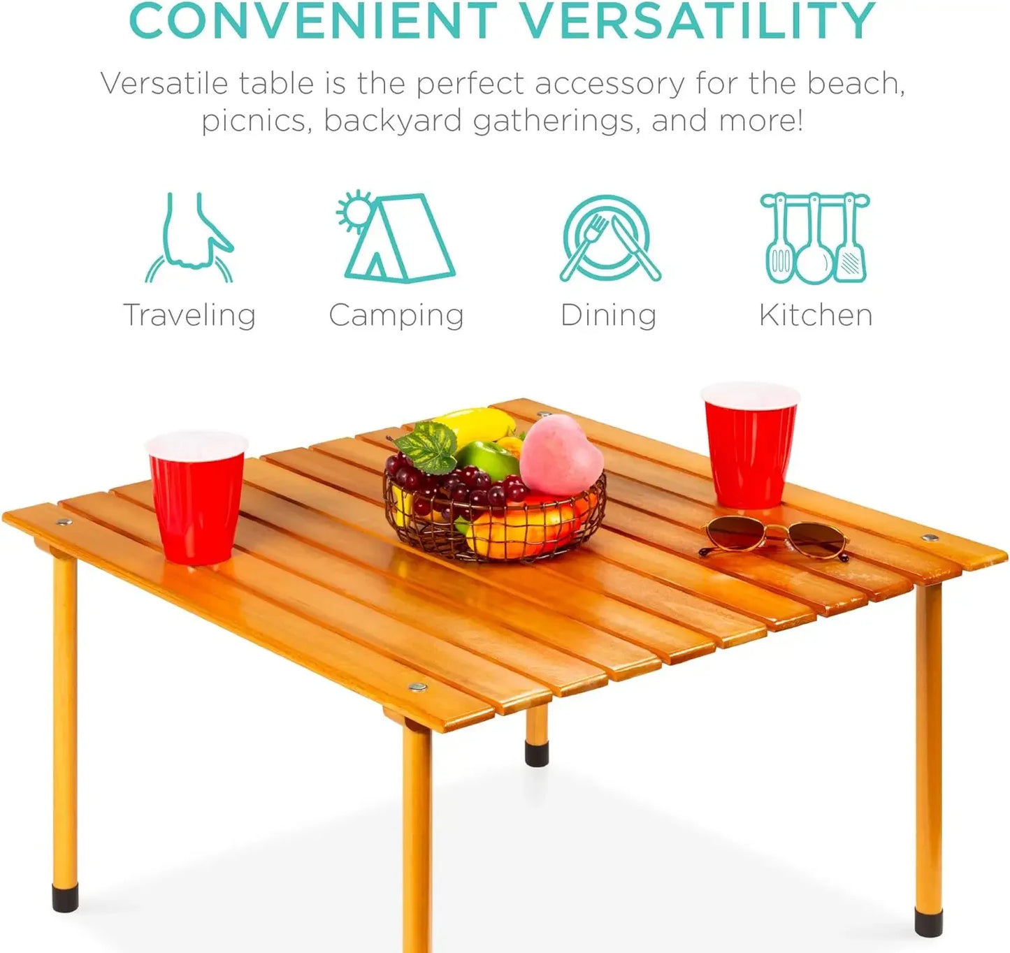 28x28in Foldable Indoor Outdoor All-Purpose Portable Wooden Table for Picnics, Camping, Beach, Tailgating, Patio, Kitchen