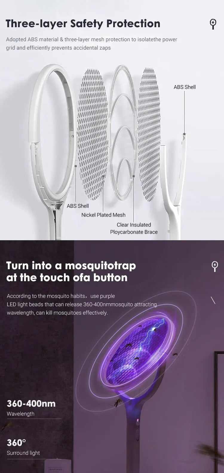 5 In 1 Fast Charging Racket Kill Fly Bug Safety Insulated Battery Powered Lamp ABS Adjustable Electric Mosquito Swatter