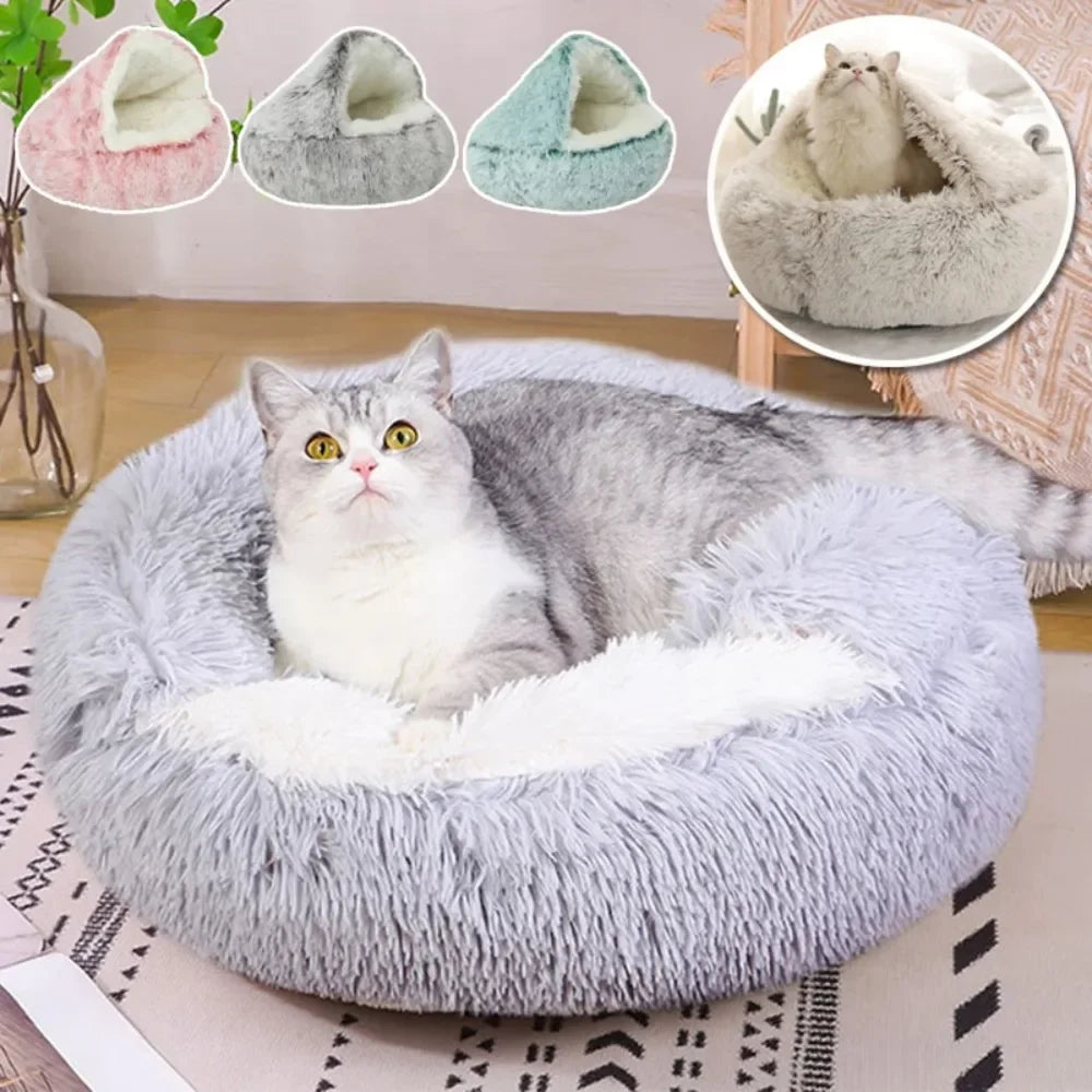 1PC Cat Beds Round Soft Plush Burrowing Cave Hooded Cat Bed Donut for Dogs Cats Comfortable Self Warming Dog Bed Pet Accessories