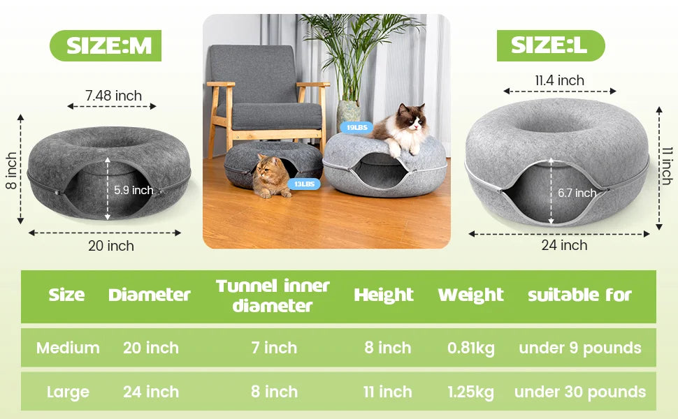 Cat Tunnel Peekaboo Cat Cave Bed for Indoor Cats Cat Donut Tunnel for Pet Cat House Cat Felt & Washable Interior Cat Play Tunnel