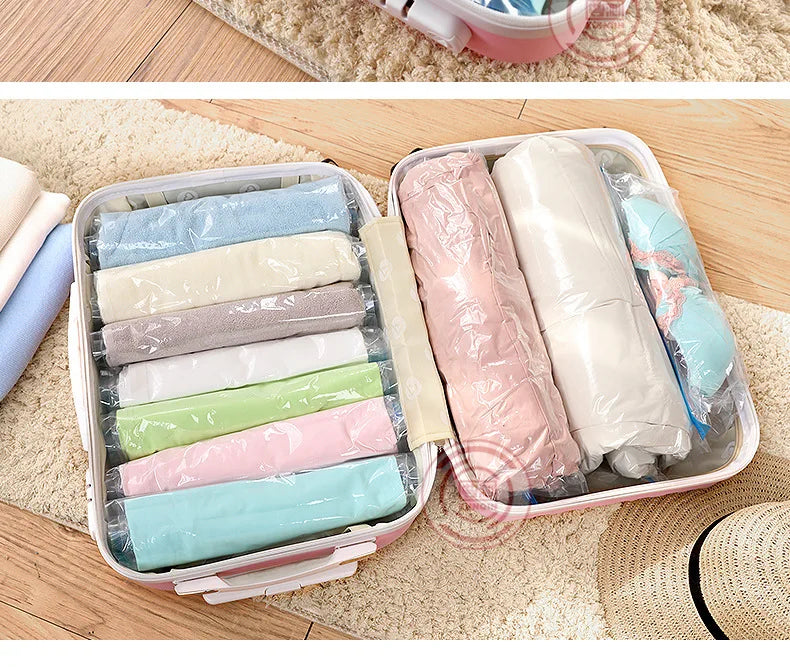 2023 Roll-Up Compression Vacuum Clothes Storage Bags Space Saver Foldable Travel Luggage Seal Pouch Home Package Packing Cube