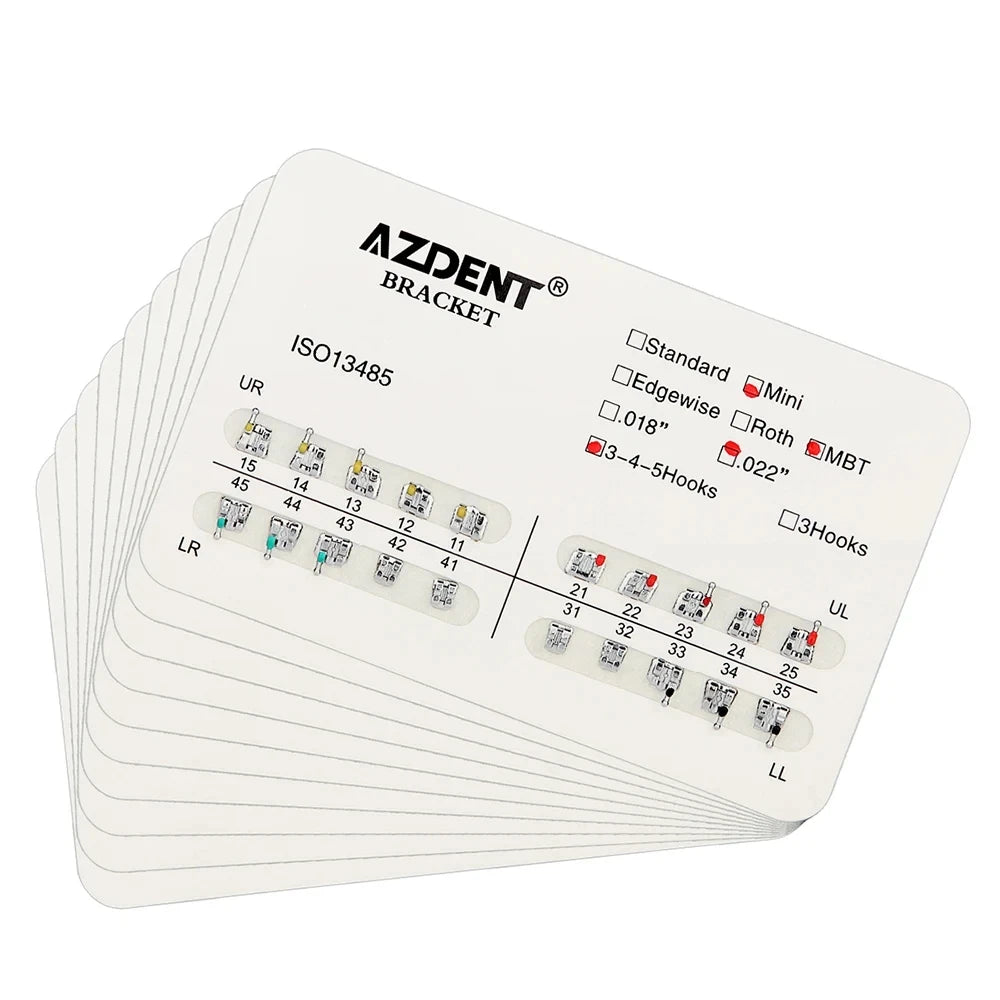 AZDENT 10Packs Dental Brackets Orthodontic Brace Metal Mini Standard Roth MBT Slot 0.022 0.018 Hooks 3-4-5 20pcs per Pack