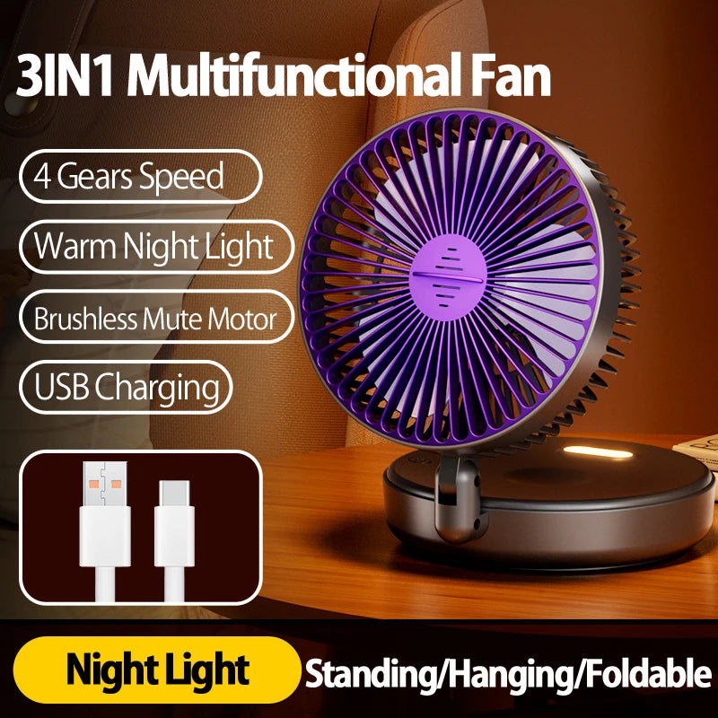 2024 New 5000mAh Rechargeable Table Fan Portable Air Conditioner Wall Mounted Fan 90° Folding Fan 4 Gears with Warm Night Light