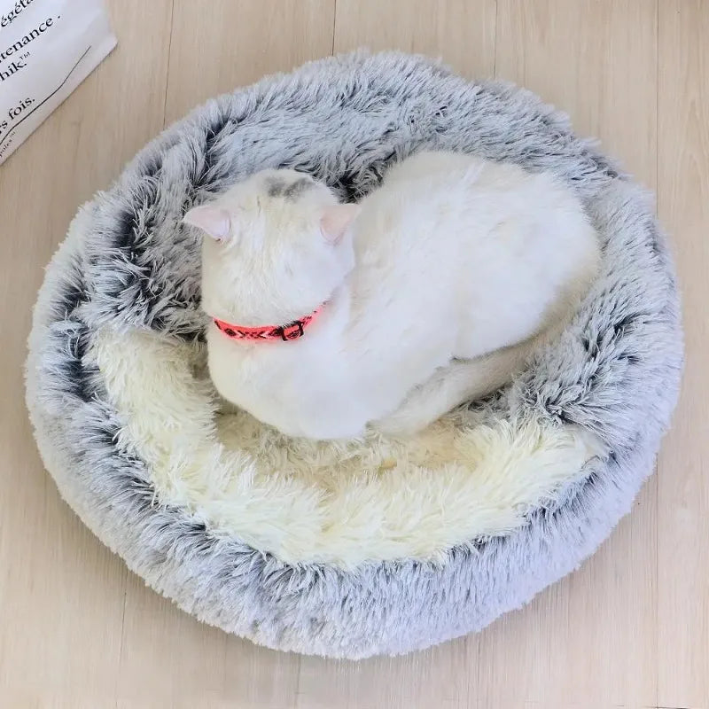 1PC Cat Beds Round Soft Plush Burrowing Cave Hooded Cat Bed Donut for Dogs Cats Comfortable Self Warming Dog Bed Pet Accessories