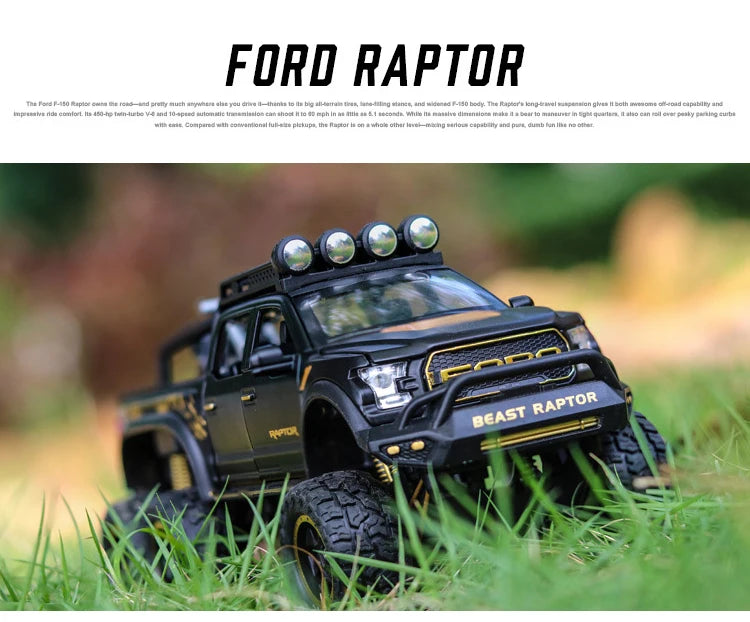 1:24 Pickup Trucks for Boys F150 Raptor Diecast Metal Model Car with Sound and Light for Kids Age 3 Year and up Blue