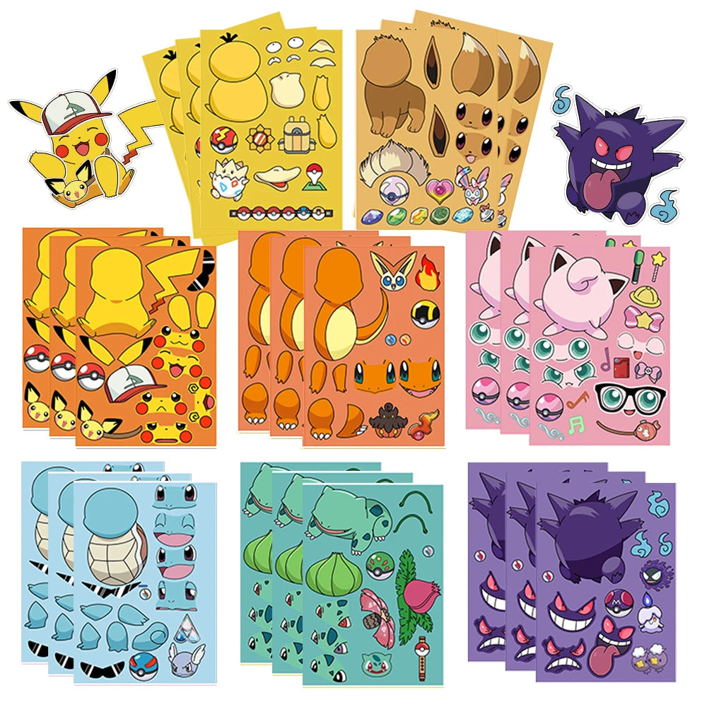 32Sheets Children DIY Puzzle Sticker Pokemon Face Funny Anime Pikachu Assemble Stickers Kids Toys Boys Girls Gifts