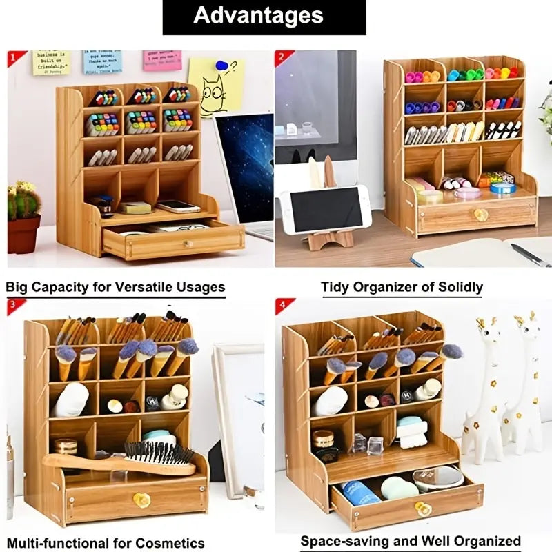 1pc Wooden Desk Organizer Multi-Functional DIY Pen Holder Storage Box Desktop Stationary Storage Rack for Home Office and School