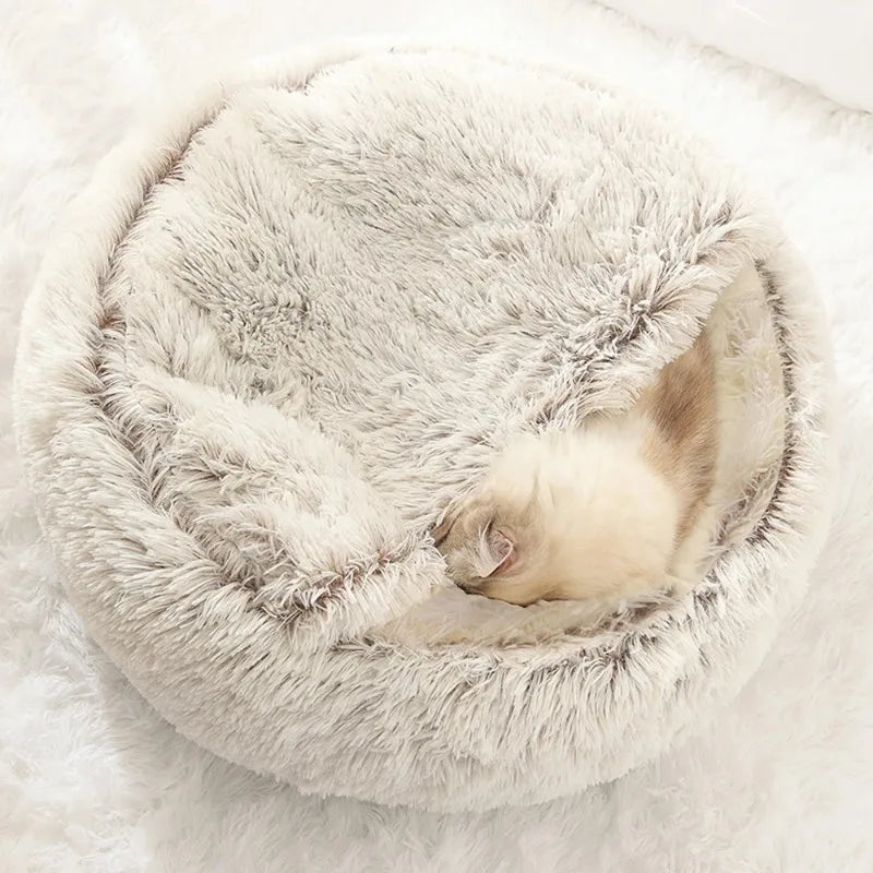 1PC Cat Beds Round Soft Plush Burrowing Cave Hooded Cat Bed Donut for Dogs Cats Comfortable Self Warming Dog Bed Pet Accessories