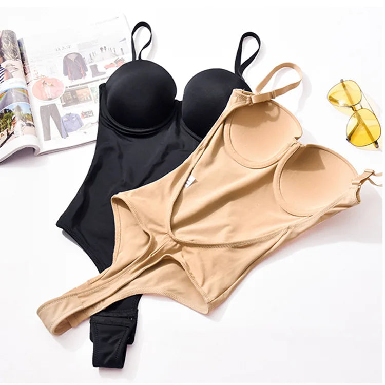 Backless Invisible Push Up Underwear Sexy Full Body Shaper Women Convertible U-shaped Bra Thong Shapewear Slimming Bodysuit