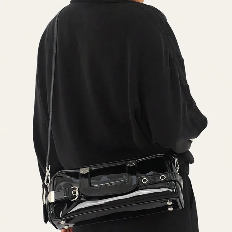 Black Patent Leather Handbag, Fashion Belt Buckle Crossbody Bag Silver Hardware Accessories Square Motorcycle Bag For Cool Girl