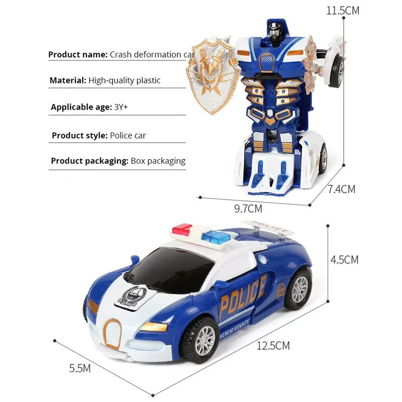 Blue Children's Collision Deformation Police Car Toy Boy Inertia Impact One-Button Deformation Car