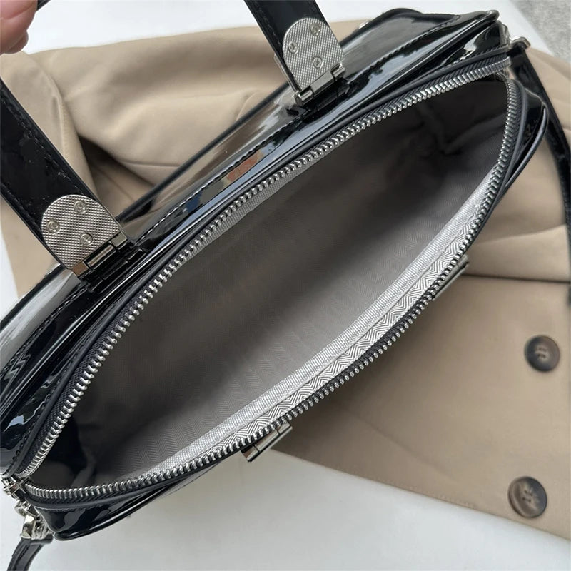 Black Patent Leather Handbag, Fashion Belt Buckle Crossbody Bag Silver Hardware Accessories Square Motorcycle Bag For Cool Girl