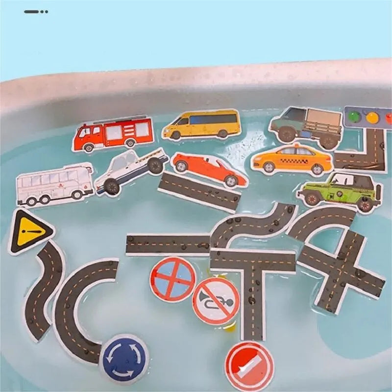 23 Pieces Bath Water Toy Sticky Wall City Traffic Car Road Rail Puzzle Vinyl 0-3Y 3-6Y 6-12Y 12+y 14+Y Bath Features