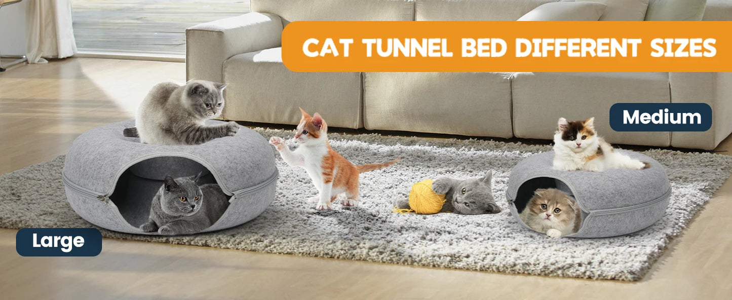 Cat Tunnel Bed for Indoor Cats Scratch Resistant Donut Cat Bed Cave Indoor Cat Hideout Detachable Round Felt & Washable