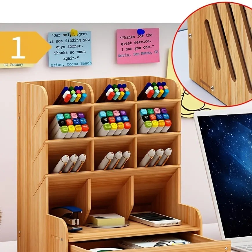 1pc Wooden Desk Organizer Multi-Functional DIY Pen Holder Storage Box Desktop Stationary Storage Rack for Home Office and School