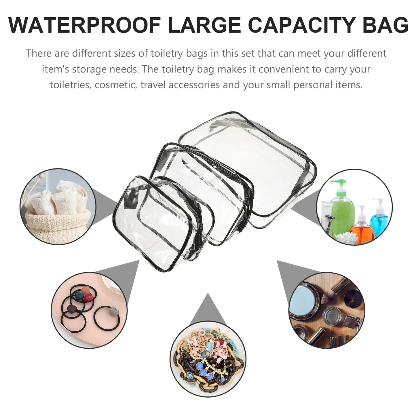 3 Pcs Transparent Toiletry Bag Pvc Storage Makeup Organizer Portable Travel Bags Personal Wash