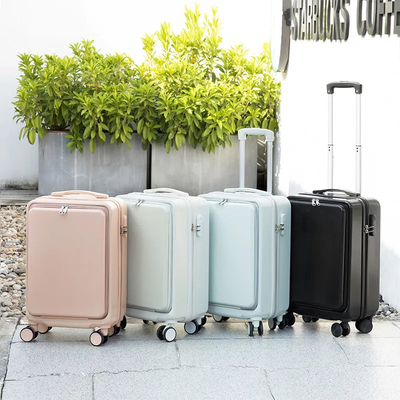 20 inch multifunctional front opening business luggage with swivel wheels and a pull rod