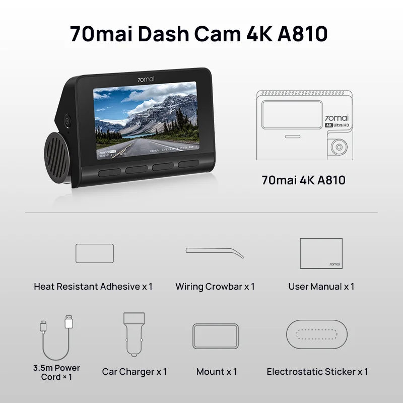 70mai Dash Cam A810 UHD 4K 150FOV GPS ADAS 24H Parking 4G Connectivity Car DVR 70mai 4G A810 HDR Dual-Channel Route Tracking