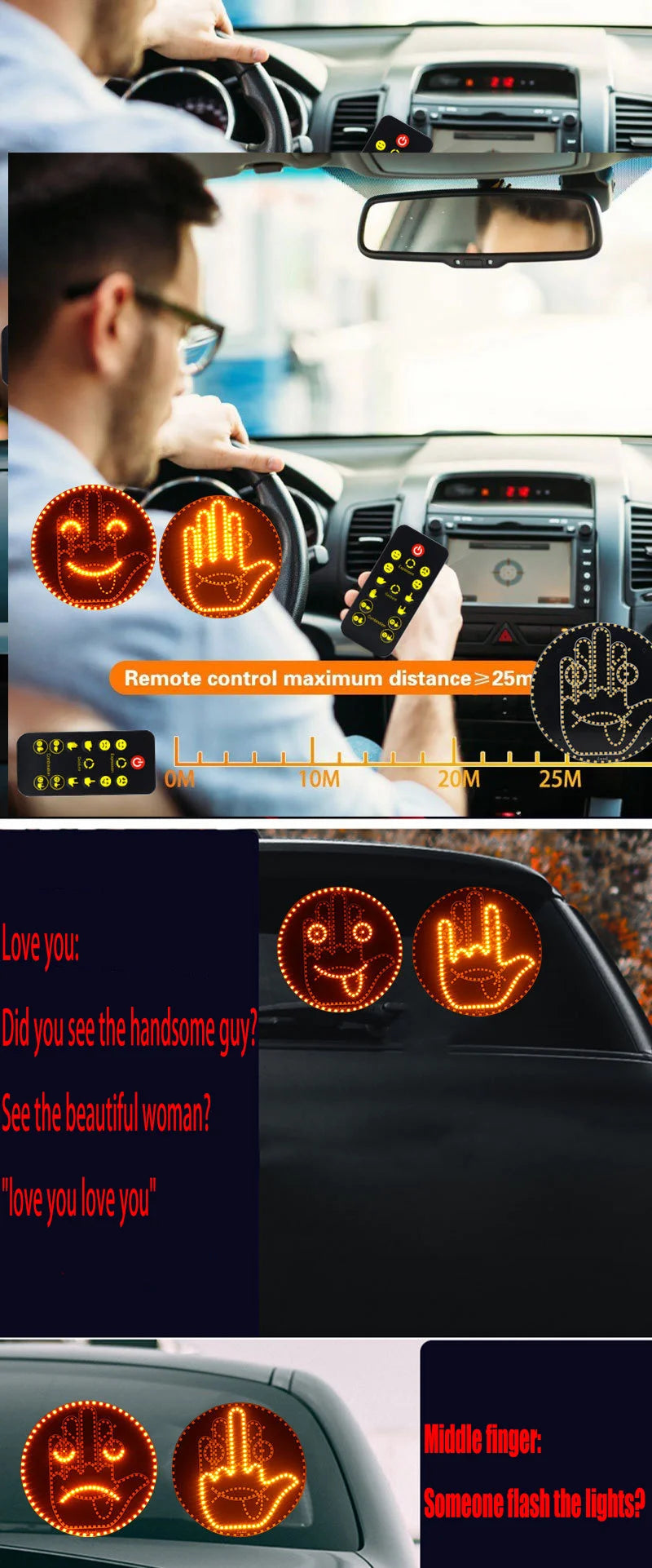 Car Expression Remote Control Led Lighting Road Rage Middle Finger Gesture Palm Light Accessories