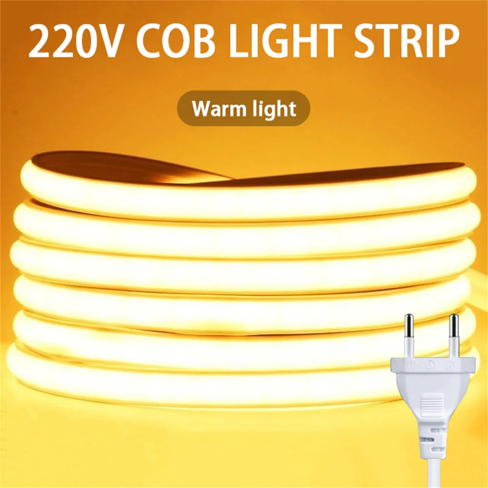 220v Led Ribbon Adhesive High Brightness COB Led Strip for Room Waterproof Led Strip Flexible Ribbon for Outdoor Garden Lighting