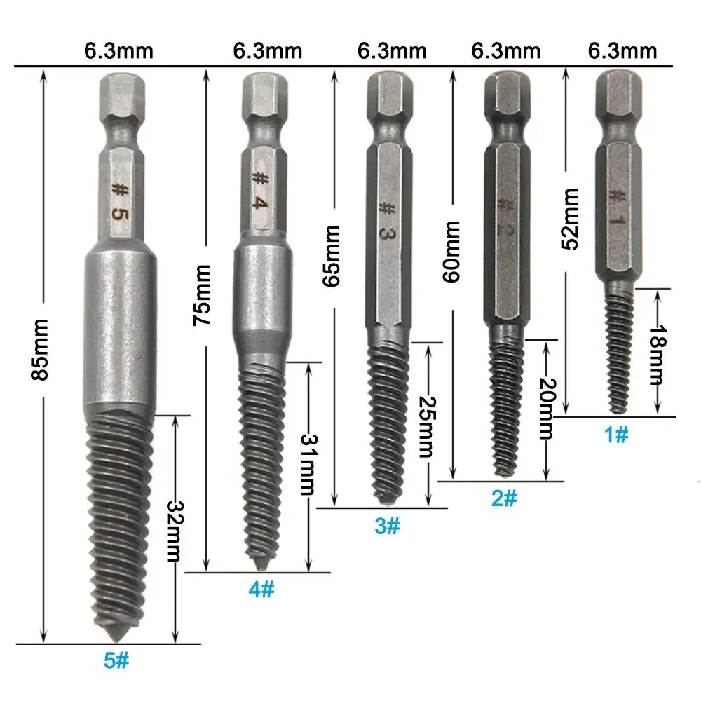 5pc Hexagonal Handle Broken Head Screw Extractor 60mm Black Quick Release Electric Hexagonal Broken Thread Removal Tool Set