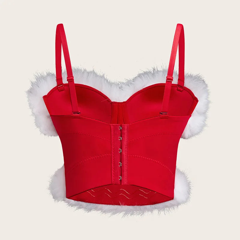 Christmas Sexy Strapless Bow Villus Bra Tops Push Up Bralet Women's Tube Top Corset Bustier Bra Club Party Crop Top Lingerie