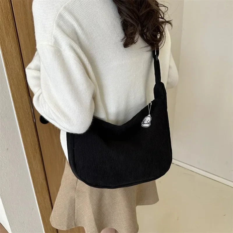 Black Corduroy Bags for Women Japanese Canvas Large Single Shoulder Crossbody Dumpling Bag Student Korean Casual Simple Handbag