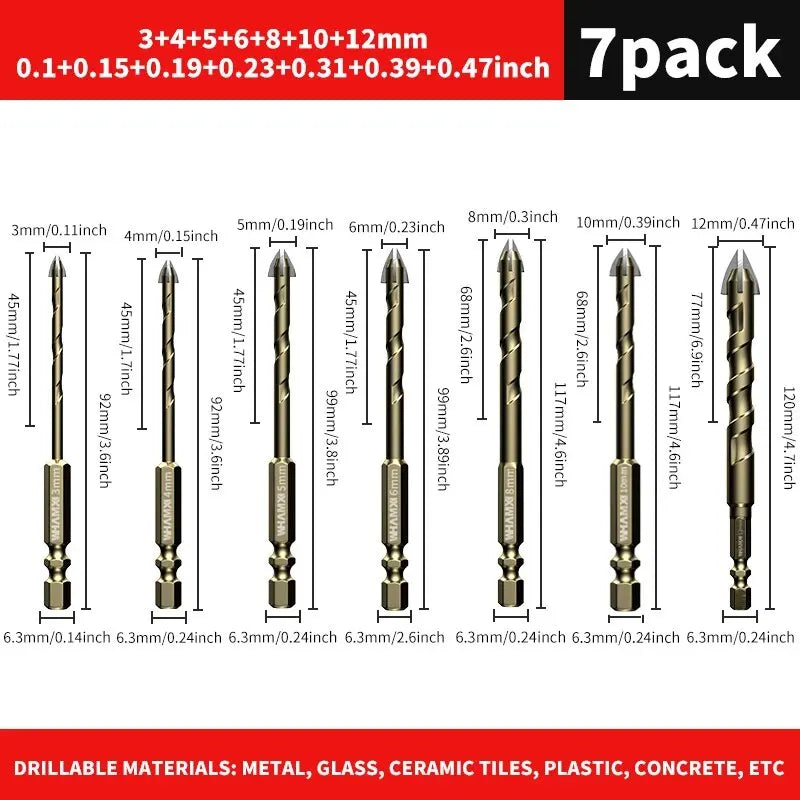 5pcs/7pcs 3-12mm Cross Hex Tile Drill Bit For Glass Concrete Ceramic Tile Hole Opener, Tungsten Carbide Hard Alloy Bits Set Tool