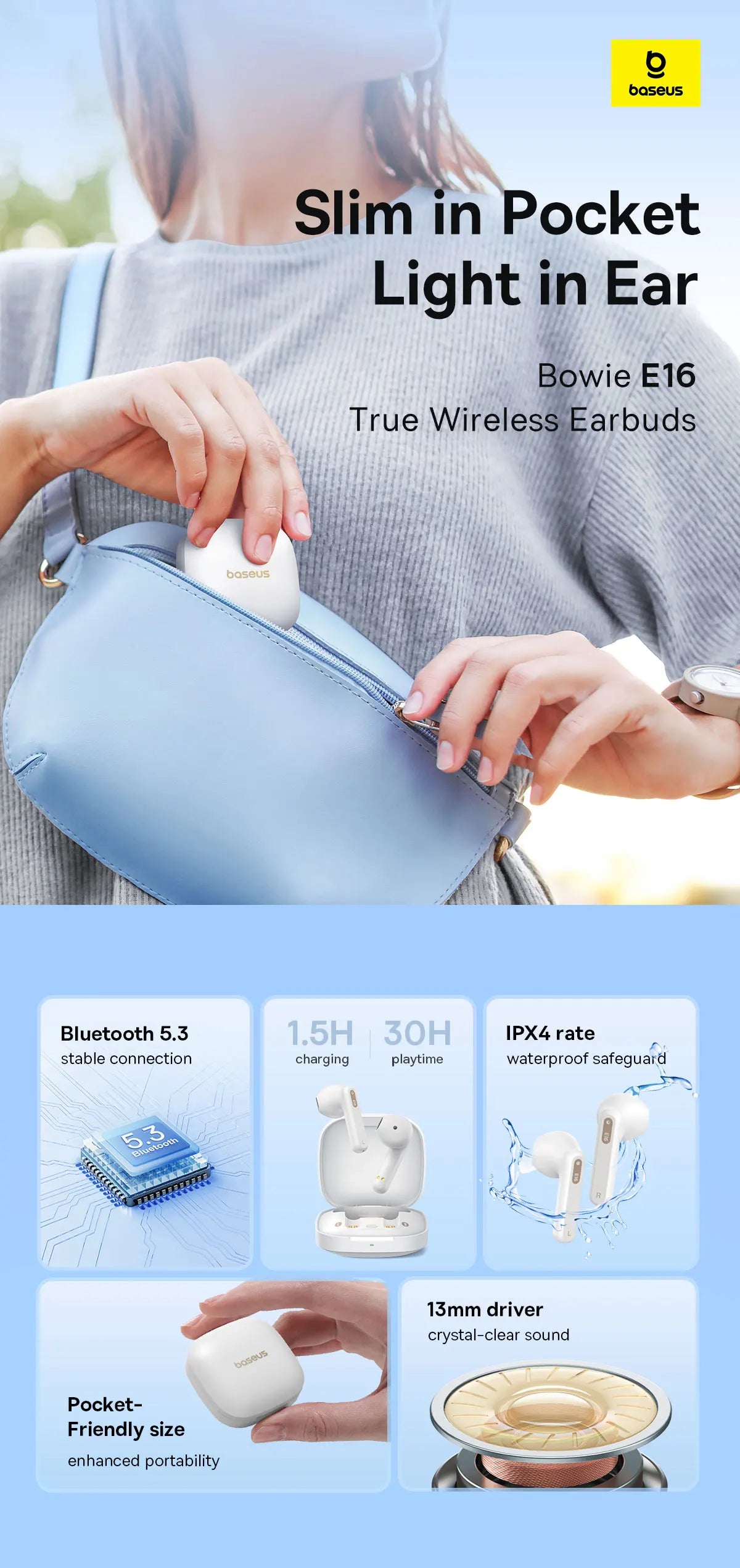 Baseus Bowie E16 Wireless Earphone Bluetooth 5.3 Earphones 30H Long Battery Life IPX4 Waterproof True Wireless Headphone Earbuds