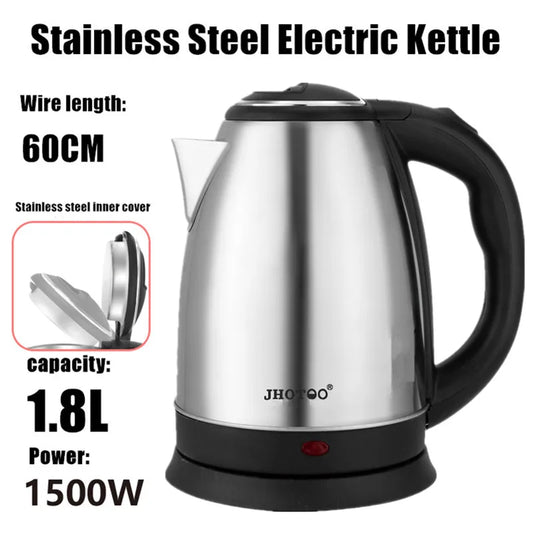 1.8L 220V Stainless Steel Electric Kettle Silver Black Base Separation Desion Rust-resistant Durable for Home During Travel