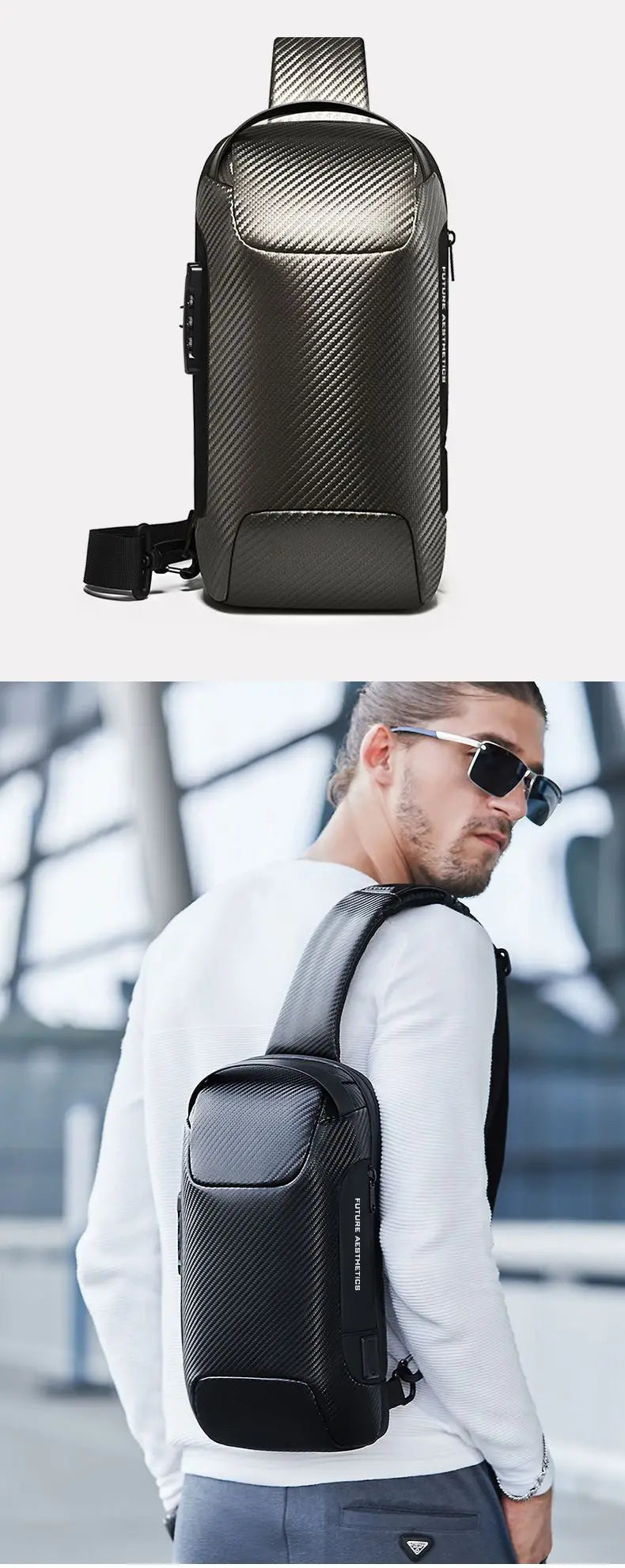 BANGE Upgraded  Chest Bag Pack Men Waterproof Multifunction Carbon Fiber Pattern Crossbody Bag USB Sling Shoulder Bags Messenger