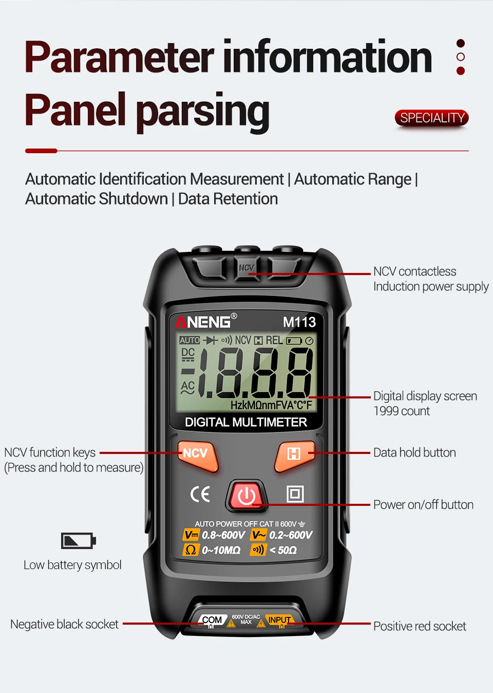 ANENG M113 Mini Digital Multimeter AC/DC Voltage Meter 1999 Counts Multimetro Ohm NCV Electricity Tools Measuring Instruments