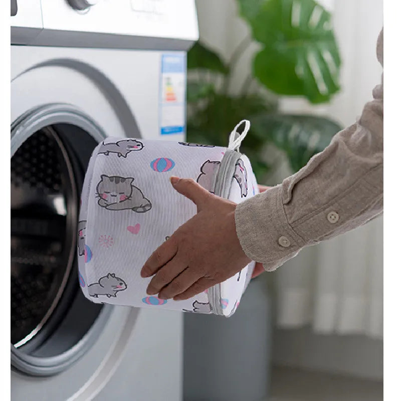 Cartoon Cat Printing Laundry Bag for Washing Machines Lingerie Wash Bags Foldable Dirty Clothes Bag Bra Underwear Laundry Basket