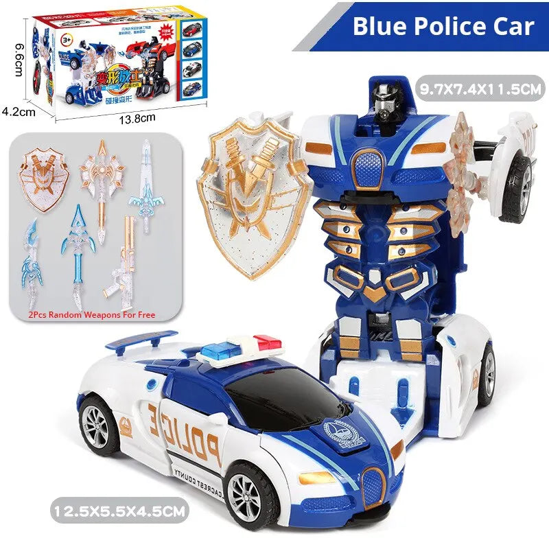 Blue Children's Collision Deformation Police Car Toy Boy Inertia Impact One-Button Deformation Car