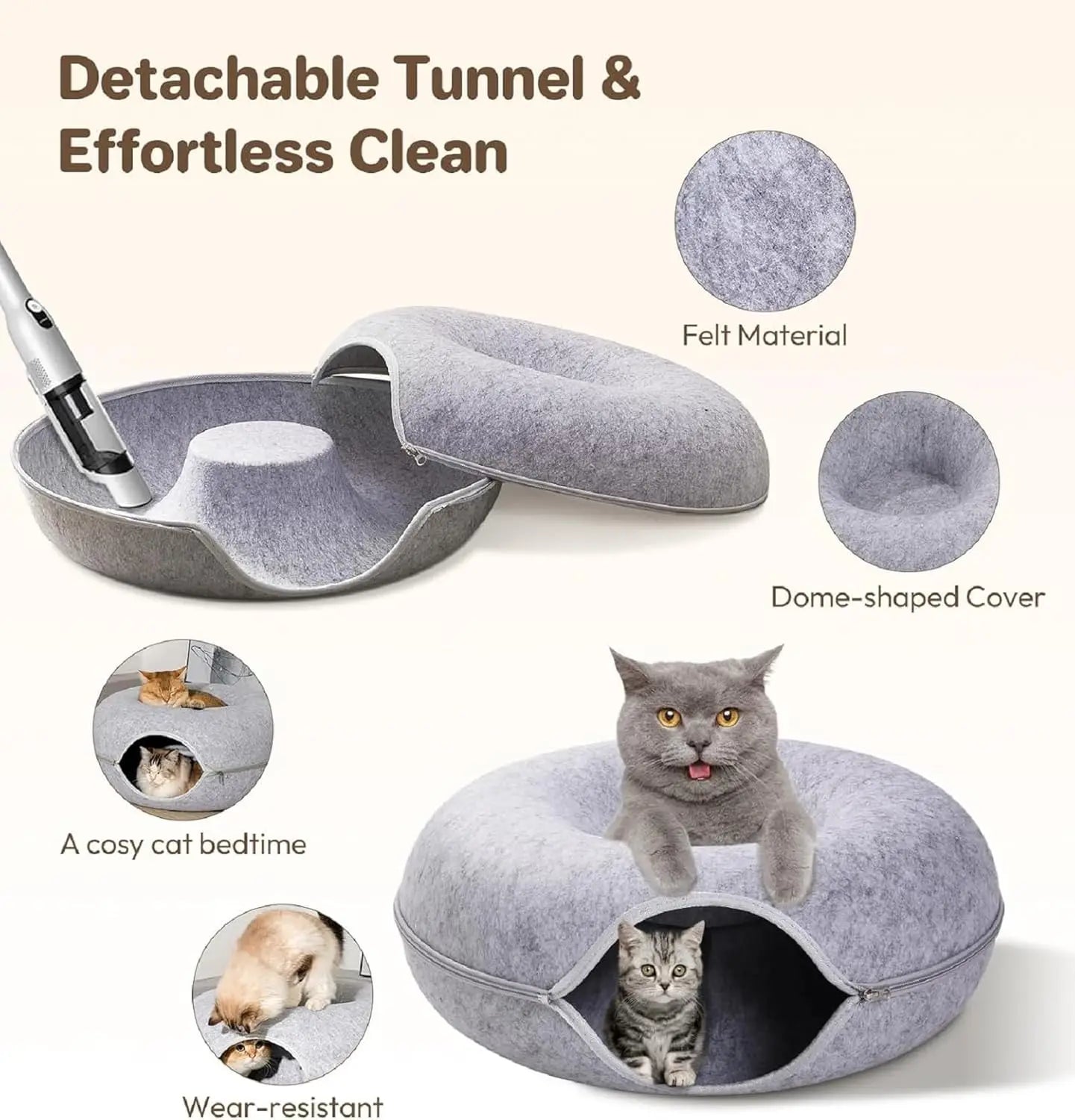 Cat Tunnel Peekaboo Cat Cave Bed for Indoor Cats Cat Donut Tunnel for Pet Cat House Cat Felt & Washable Interior Cat Play Tunnel