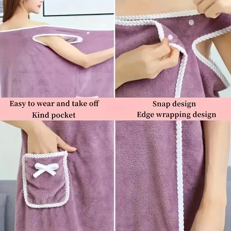 1pc Wearable Bath Towel, Cute Bow Soft Shower Skirt For Women,. Adjustable Bath Robe With Pocket For Home And Travel