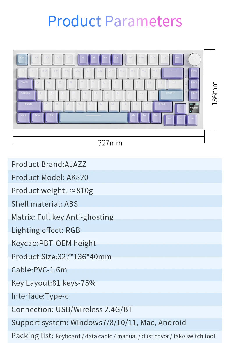 AJAZZ AK820/AK820Pro Mechanical Keyboard TFT Screen Multifunctional Knob Gaming Keyboard Wired/2.4GHz/BT Connect PC Keyboard