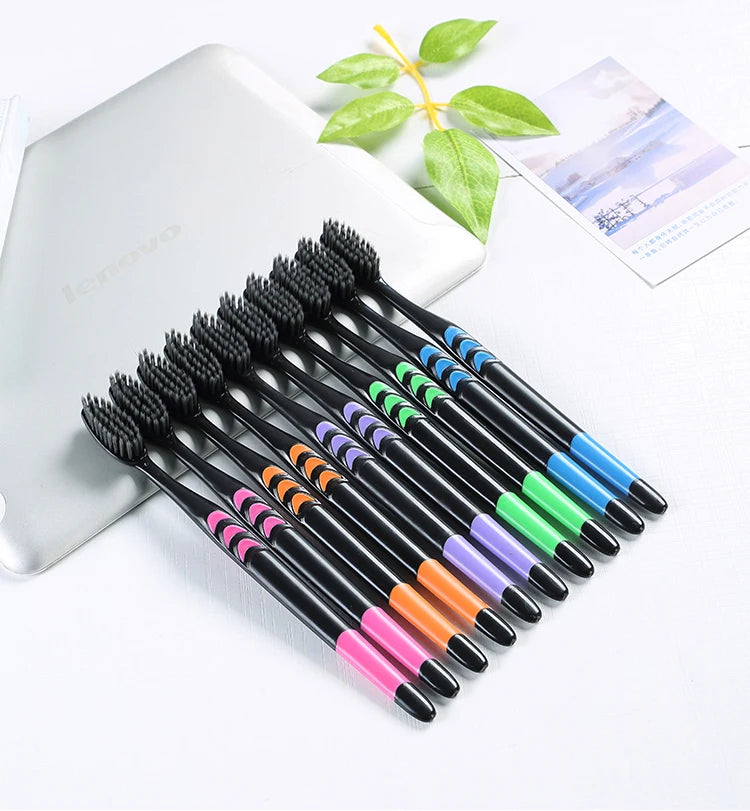 10 Pcs Family pack toothbrush, Bamboo Charcoal Soft Bristles Toothbrush, Travel Carry，Color random