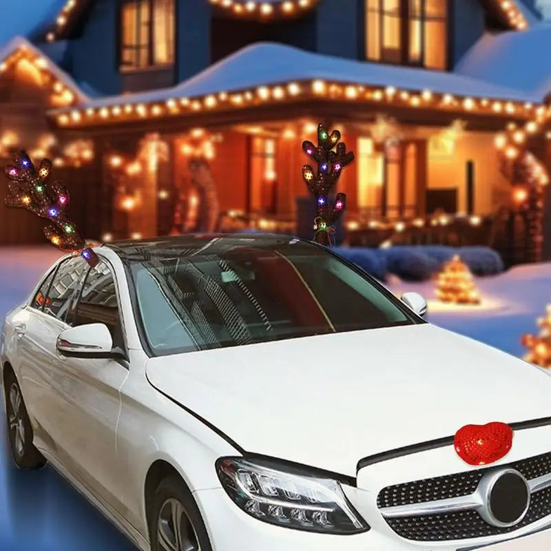 Car Antler Decoration Reindeer Christmas Decoration Kit with LED Light Up Car Truck Vehicle Costume Christmas Antler Deer Decor