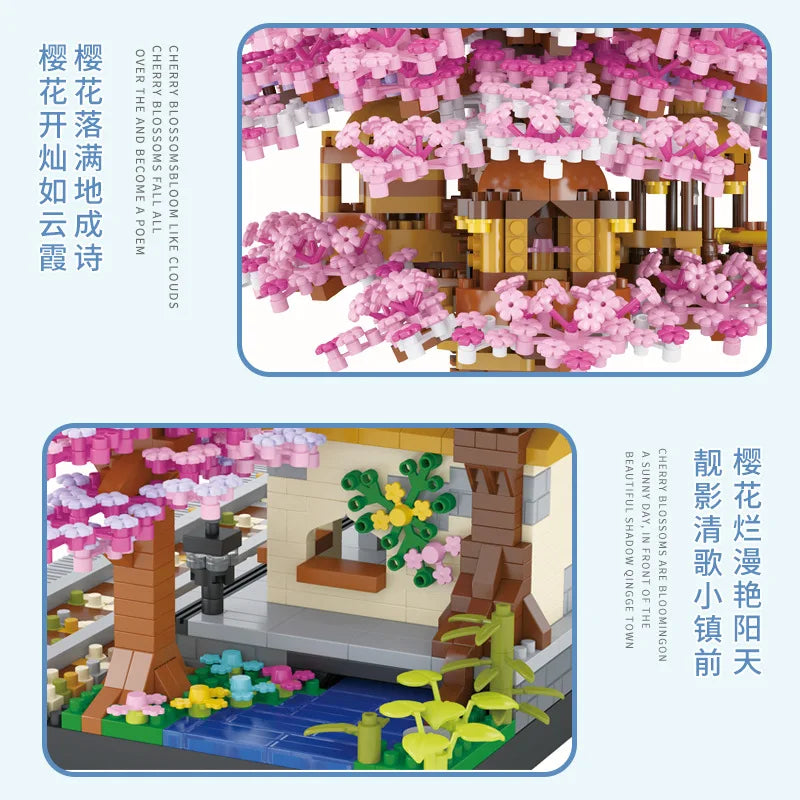 2138pcs DIY Discoloration Cherry Blossom Flower Pink Tree House Train Assembly Building Blocks Classic Model Bricks Sets Kid