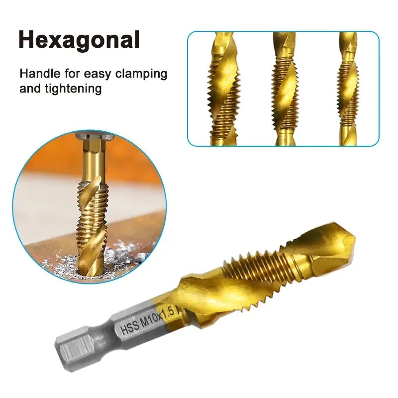 6pc High-speed Steel 4341 Titanium Plated Composite Tap Drill and Tap Integrated Machine Tap Open and Chamfer Tool Set