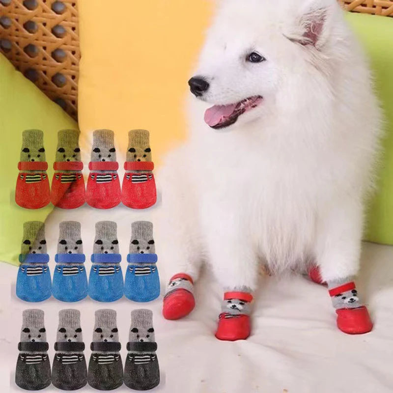 4pcs/set Cute Cotton Dog Shoes Waterproof Non-slip Rubber Cats Dogs Socks for Chihuahua Puppy Cat Rain Snow Boots Pet Products