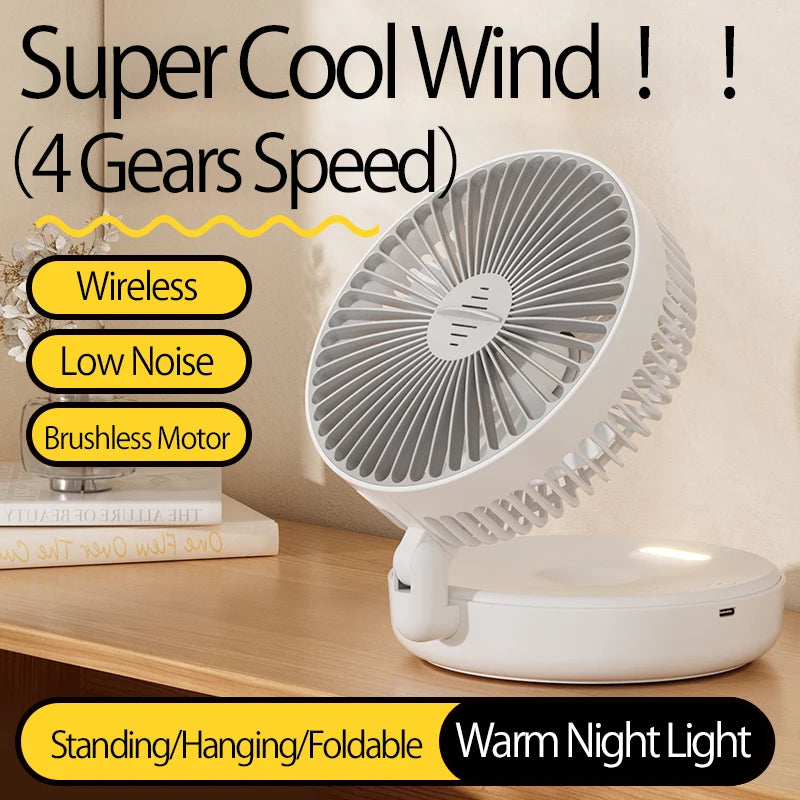 2024 New 5000mAh Rechargeable Table Fan Portable Air Conditioner Wall Mounted Fan 90° Folding Fan 4 Gears with Warm Night Light