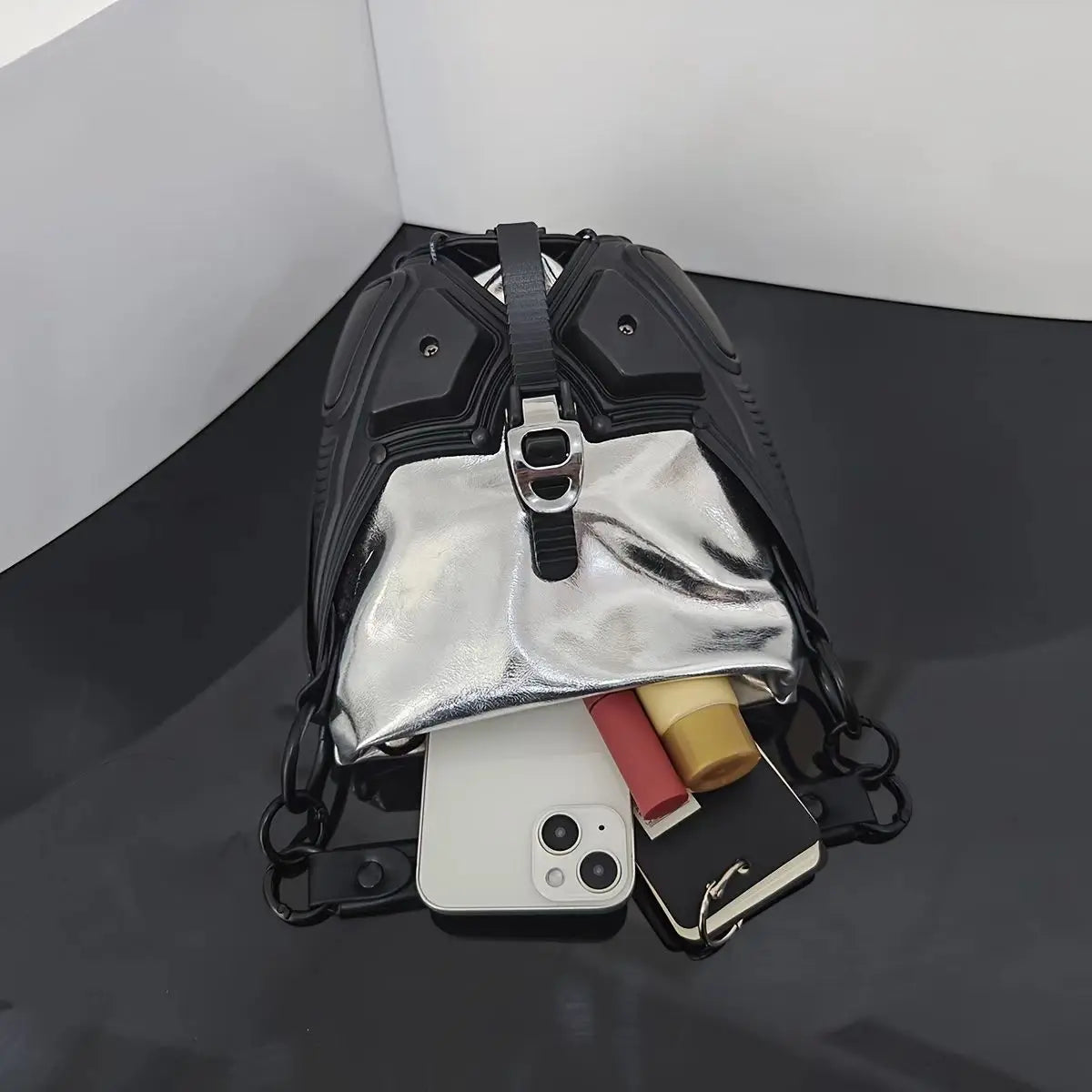 2025 Spring New Unique Personalized Crossbody Sling Bag Silver/Black Purse Bucket Handbag Y2K Style Cool Girl Bag